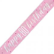 80th Pink and Silver Happy Birthday Banner