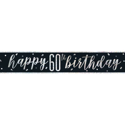 60th Black and Silver Happy Birthday Banner